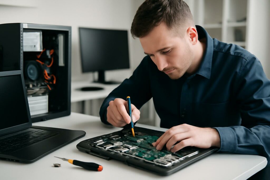Ilustração sobre manutenção especializada em notebook com placa queimada